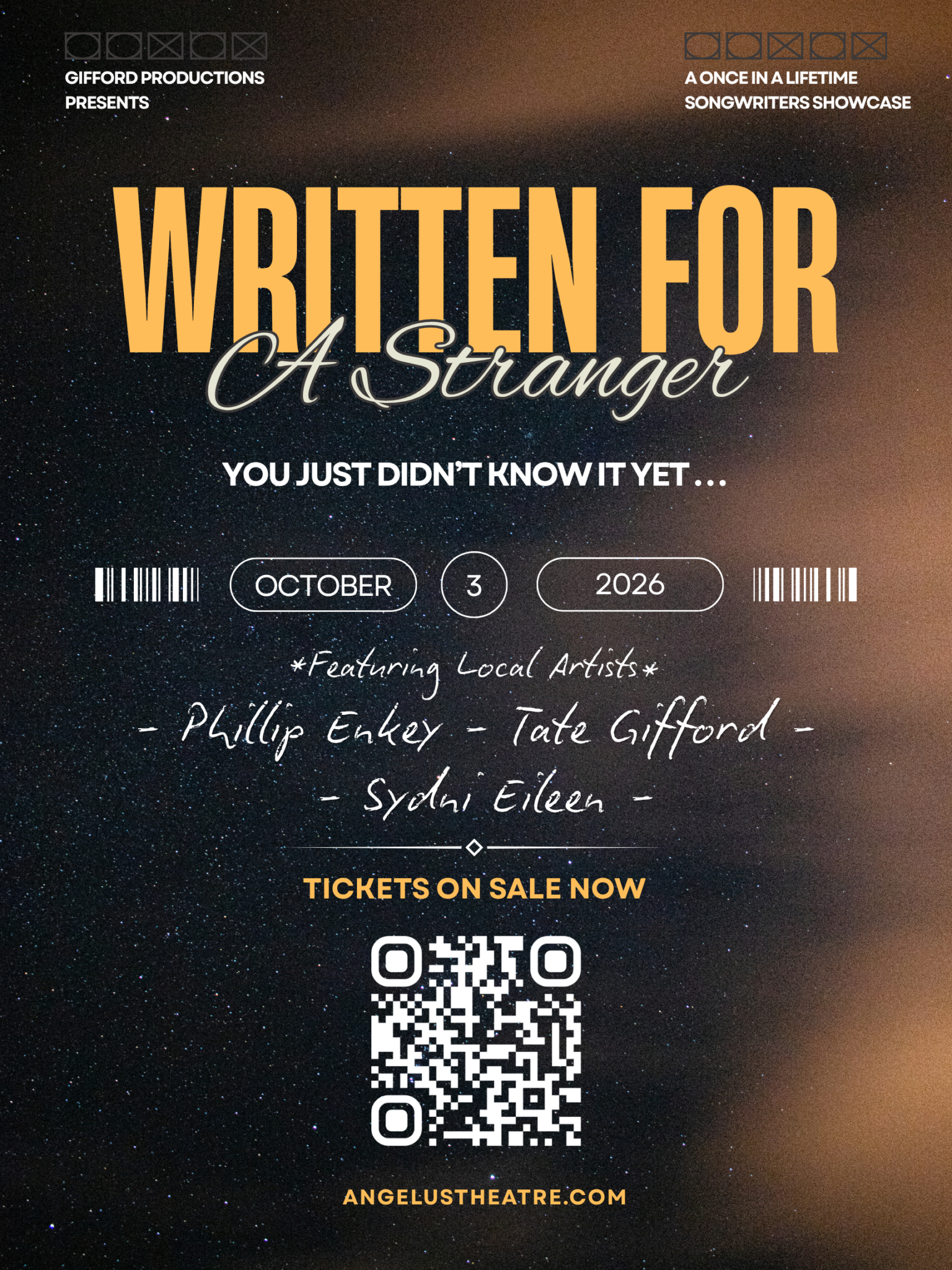 Concert Poster: Written for a Stranger, you just didn't know it yet. October 3, 2026 at 7:30 pm - 9:30 pm at the Angelus Theatre in Spanish Fork
